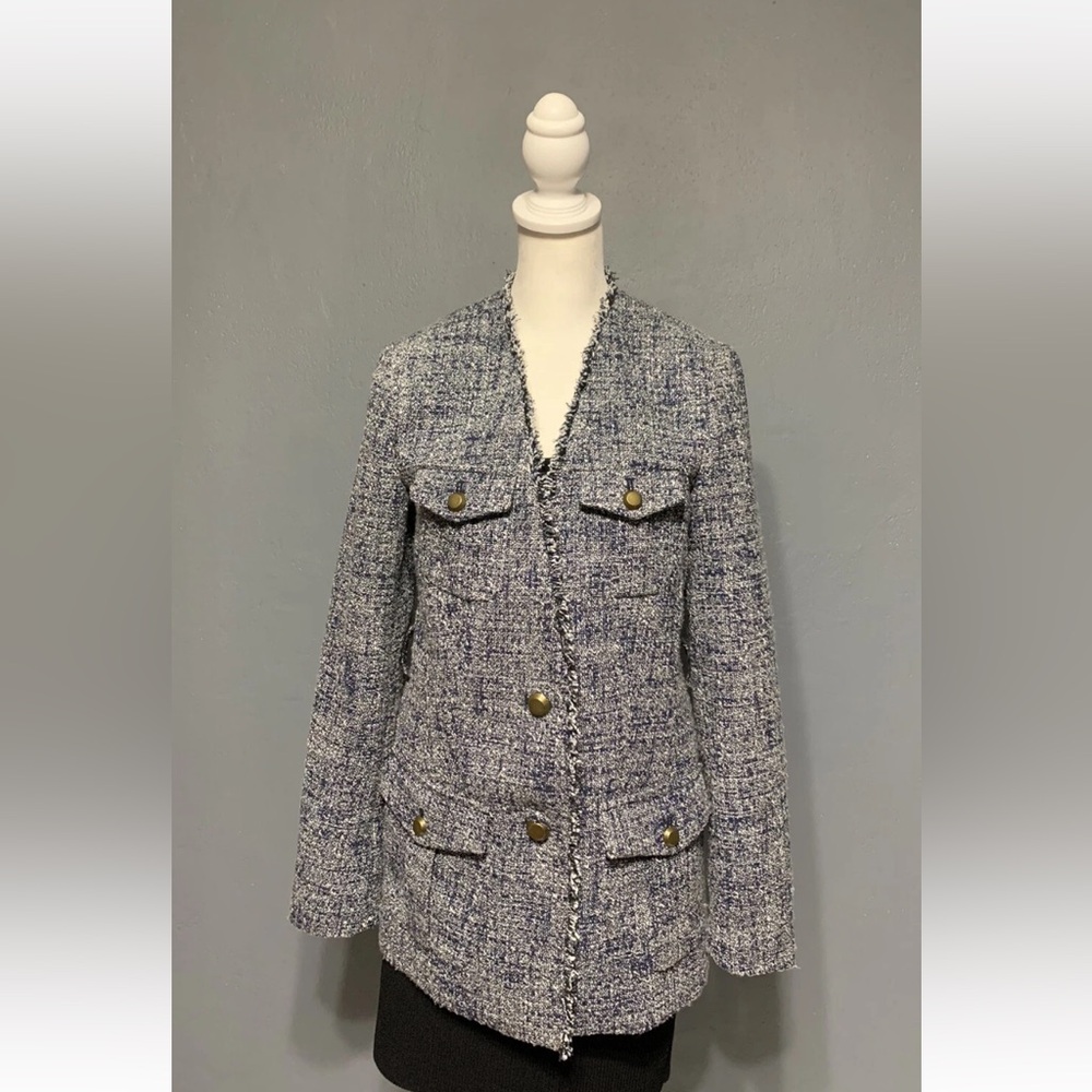 Michael Kors Sz 2 Navy Blue Boucle Tweed Jacket Fringe Trim Detail